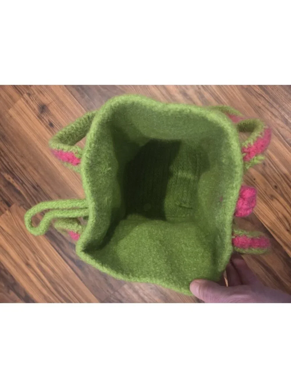Handmade Felted Wool Tote Lime Green & Pink Parallel Straps Toggle Closure